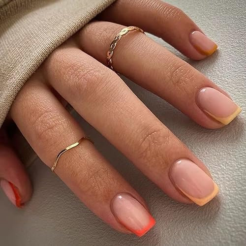 False Nails Short - Square Short Stick on Nails - Yellow Orange Tips False Nails with Glue - Natural Full Cover False Nail Tips Artificial Finger Manicure for Women and Girls