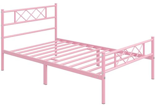 costoffs Single Bed Frame, Simple Metal Bed Frame Mattress Foundation with Cross-design Headboard & Footboard, Slatted Bed Base with Large Storage Space, No Box Spring Needed, Pink
