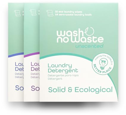 Wash no Waste - PACK 3. Tiras de Detergente para lavadora (192 lavados). Hipoalergénico y Biodegradable. Efecto suavizante. Gran poder de limpieza. Vegano y Cruelty Free. Plastic free. (Mix)