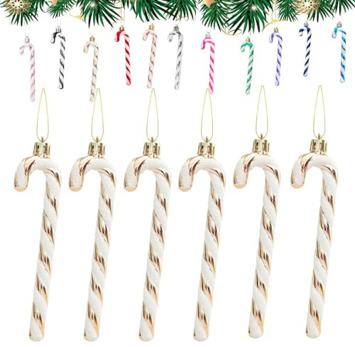 6Pcs Champagne and White Plastic Candy Cane Christmas Tree Decorations 13cm,Christmas Glitter Candy Cane,Christmas Tree Hanging Decorations for Xmas,New Year,Festive Candy Cane Party Supplies