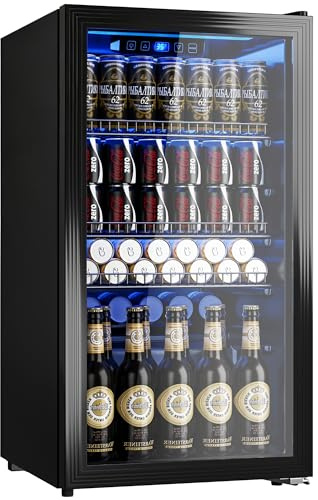 Manastin Beverage Refrigerator Cooler-130 Cans Freestanding Mini Fridge Cooler with Glass Door, Adjustable Shelves & Digital Temperature Display for Soda, Wine or Beer (Black, 3.2 Cu.Ft)