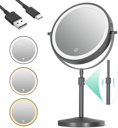 iklestar Miroir Grossissant Lumineux x10, Hauteur Réglable Mirroir Maquilleur Lumineux, 360° Rond Miroir de Table avec Lumiere, 3 Couleurs Lumière, Noir
