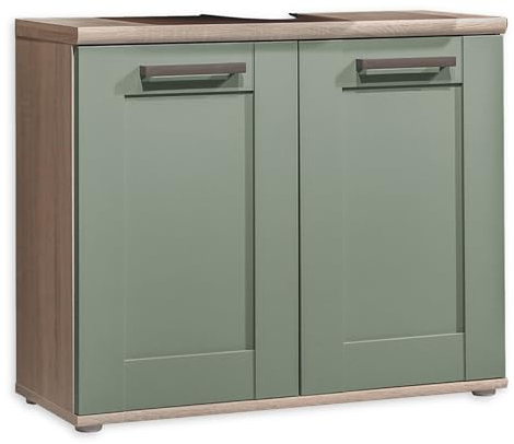 BERGEN Badezimmer Waschbeckenunterschrank in Sonoma Eiche Optik, Schilfgrün - Bad Unterschrank Badezimmerschrank mit viel Stauraum - 80 x 66 x 32 cm (B/H/T)