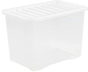 FotoStation 80L Large Crystal Storage Boxes with Lids Strong Plastic Stackable Nestable Container Home Office for Home, Office, Kitchen, Toys and Goods Made in the UK (Pack of 1)