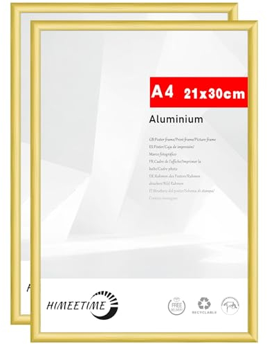HIMEETIME® 2x Bilderrahmen A4 21x30 cm Gold Metall Rahmen,Dokumentenrahmen 21x29,7 cm Klein Collage,Metallrahmen Alu-Bilderrahmen Aluminium,Picture Frame A4 Fotorahmen