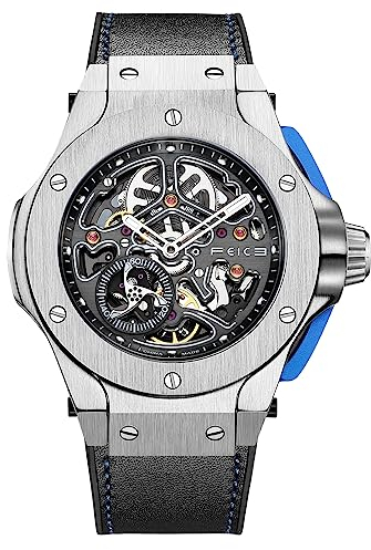 FEICE Skelett Automatikuhr Herren Analog mit Edelstahl Saphir Spiegel Schwarz Silikonband FM701, silber/blue, Modern