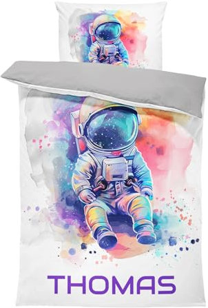 Pictogogo Wasserfarben Astronaut-Design Kinderbettwäsche für Mädchen und Jungen, Personalisiert, Wählbare Unterfarbe (Weiß, Rosa, Blau, Grau), Oeko-TEX, 135 x 200 cm