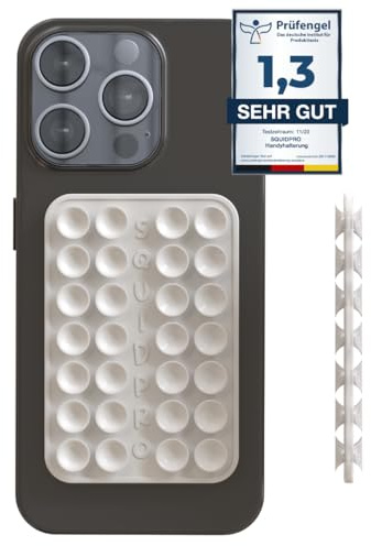 SQUIDPRO® ECO - Saugnapf Handyhalterung, doppelseitig, abnehmbar, freihändig, rutschfest, starker Halt für Kurze Selfies und Videos, kompatibel mit iPhone und Android, 6 x 9 cm (Snow White)