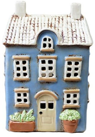 Blue Garden House Candle Holder 24cm Ceramic Hand Painted Summer Tea Light Lantern