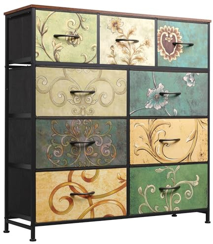 WLIVE Tall Chest of Drawers, 9 Fabric Drawers Dresser Bedroom, Retro Prints | Easy Pull Handle, Wood Top and Sturdy Steel Frame, Large Storage Unit for Living Room, Easy to Assemble, Adjustable Feet