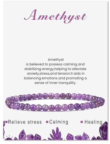 Uwiyo Echtes Naturstein Armband, 4mm Edelstein Armband Perlenarmband Yoga Armbänder Kugelarmband für Damen Mädchen Geschenk für Geburtstag Muttertag Weihnachten (Amethyst)