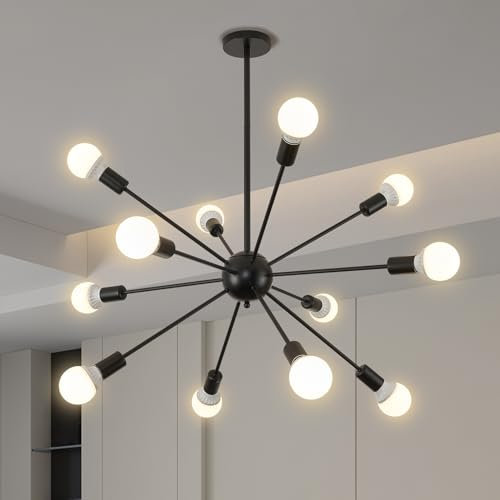 YOODI Sputnik Kronleuchter Vintage, 12 Flammig Deckenleuchte E27 Lampe Wohnzimmer Schwarz Modern Deckenlampe Industrial Style Deckenleuchten für Esszimmer, Schlafzimmer, Küche(Ohne Glühbirnen)