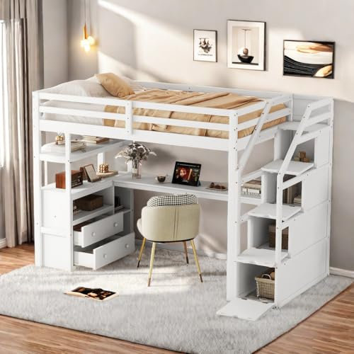 Sapgaks Letto a soppalco 90×200 cm, letto e tavolo, con scala contenitore, con due cassetti, bianco (materasso non incluso)