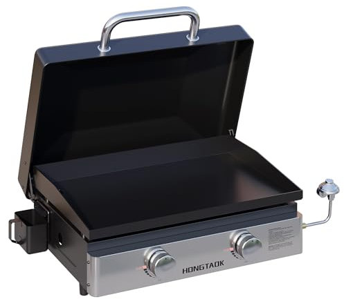 HongTaok Portable Propane Gas Barbecue with Lid and Ceramic Coated Baking Tray Non-Stick Table Top for Outdoor Kitchen BBQ Camping 2 Burner