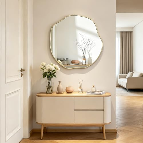 POZINO Asymmetrischer Spiegel, 63,5 cm, Moderner runder Spiegel für Wohnzimmer, Badezimmer, Schlafzimmer, Eingangsbereich