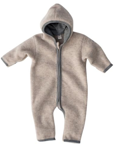 Lilano ZIPP-OVERALL, 100% Bio-Wolle | mit Kapuze, Umschlagbündchen und Reißverschluss | Newborn Baby Kleinkind Kind | Sand Gr. 74