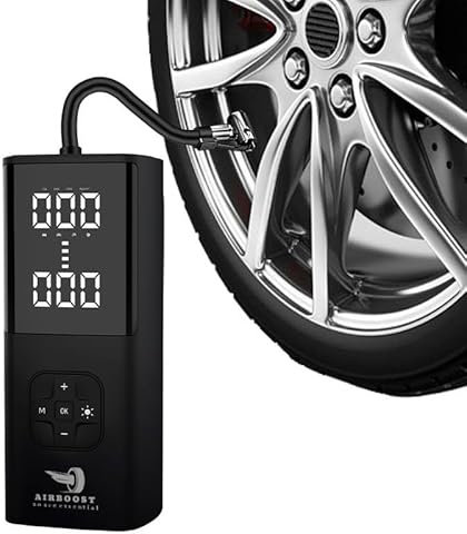 AIRBOOST PORTABLE TIRE INFLATOR; CORDLESS TIRE AIR PUMP FOR CAR, MOTORCYCLE, BICYCLE. SMART TIRE PRESSURE THAT SHOWS DETAILED TIRE PRESSURE,