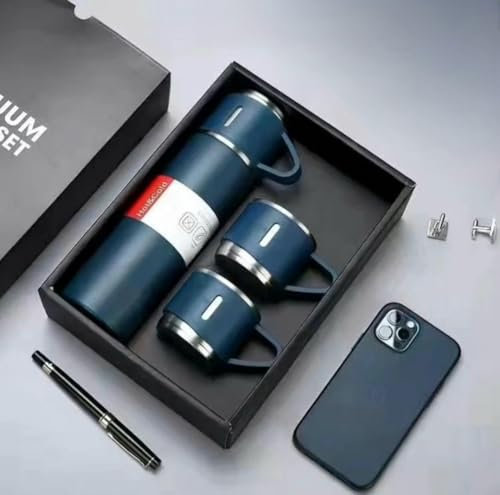 Vacuum Insulated Travel Flask and Coffee Mug Gift Set, Stainless Steel, Water Bottle 3-Piece Set (Navy Blue)