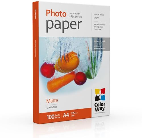 ColorWay Premium Fotopapier Matt, DIN A4, 220 g/m², 100 Blatt, wasserfest, für alle Tintenstrahldrucker