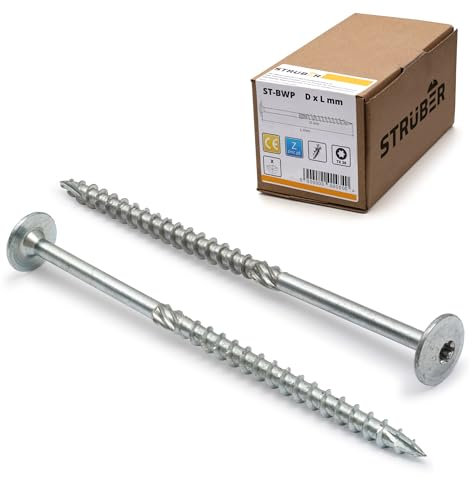 STRÜBER Tellerkopfschrauben mit Torx-Antrieb (6,0 x 140 mm / 100 Stk. / TX-30) Holzschrauben für Dachkonstruktionen - verzinkte Konstruktionsschrauben - Sparrenschrauben - BIT incl