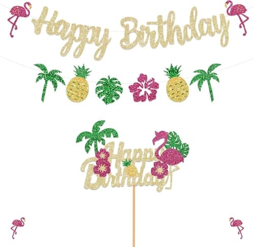 Pool Geburtstag Party Sommerbanner, Glitter Hawaii Girlande Sommer Tropical Theme Flamingo Ananas Dekorationen Beachparty Dekorationen Hawaii Banner Happy Birthday Banner (C)