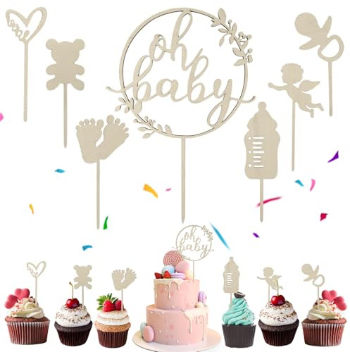 Embhlitfe 7 Stück hölzerne Baby Dusche Kuchen Topper, Gold Boho Kuchen Topper Dekorationen für Baby-Duschen und Geschlecht Reveal Parteien für Jungen und Mädchen