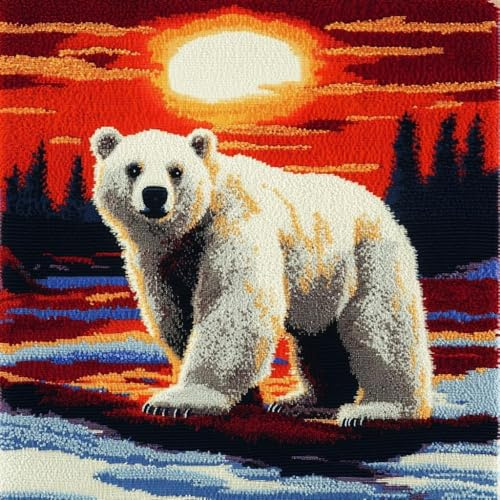 Latch Hook Cushion Kits for Adults Sunset Polar Bear Cute Animal Rug Cover Pillowcase Kids Beginner DIY Needlework Embroidery Kits Handmade Set Craft Sofa Home Decor 43x43cm,1pcs