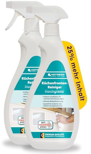 HOTREGA Küchenfronten Reiniger Hochglanz 1,5 L | Fettlösend & Streifenfrei | Pflege für Lack & Folie | Anti-Fingerprint-Effekt | Schmutzabweisend | Ideal für Badmöbel, Glas, Edelstahl & Wohnbereiche