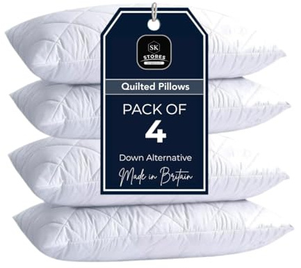 SK Stores Quilted Pillows- Hotel Quality Premium Hollowfibre Filled Pillows for Side, Stomach and Back Sleeper, Down Alternative Bed Pillow (Pack of 4)