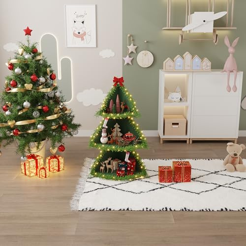 Rainbow Tree 3-Tier Christmas Tree Corner Shelf Bookshelf DIY Village Display Stand, Tabletop Shelf, Corner Storage Shelf Rack for Living Room, Bedroom (Green)