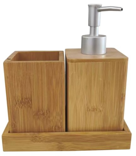 IMIKEYA Accesorios de Baño Bambú Set Multifuncional con Dispensador de Jabón y Portacepillos Vaso para Enjuague y Base Material Resistente y Diseño Elegante para Hogar