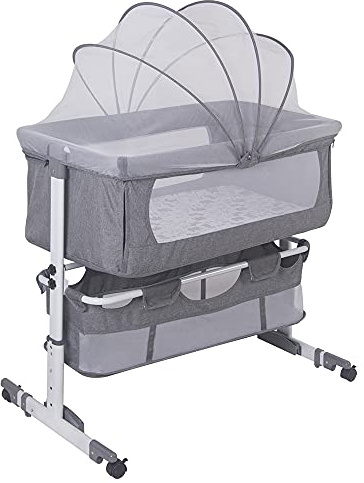 Belfoyer Berceau Cododo Bébé 2 en 1 avec Matelas & Moustiquaire, Lit d’Appoint Réglable en Hauteur, Lit Pliant Portable avec Roues et Fonction Balancelle, de 0 à 36 Mois（92 * 58 * 70-90cm，Gris）