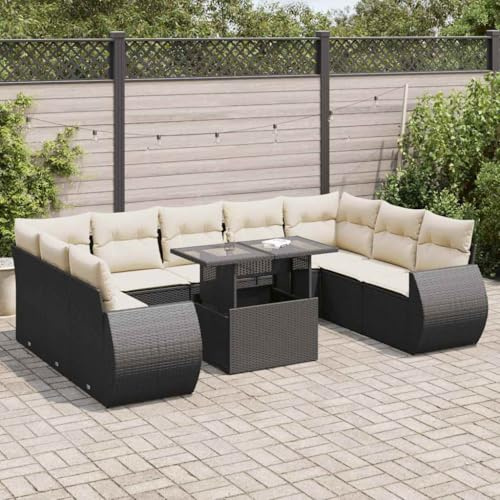 Teenpull 10-TLG. Garten-Sofagarnitur Schwarz Poly Rattan mit Kissen, Verstellbarem Tisch, Stauraum, Modulares Outdoor Möbel Set für Terrasse, Balkon, Hof