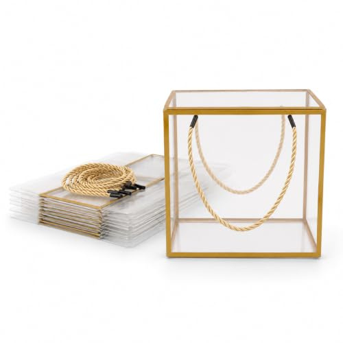 Emartbuy Transparente Geschenkbox mit goldenem Rand & Seilgriff - Größe 1 (14 × 14 × 7,5 cm) - 12 Stück | Premium transparente Geschenkverpackung für Pralinen, Schmuck & Luxusgeschenke