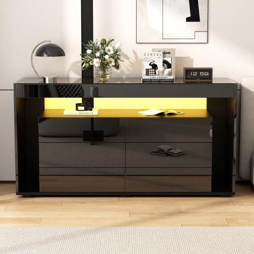 Merax Sideboard Schwarz Hochglanz mit LED-Beleuchtung, 140x40x70 cm – 6 Schubladen, Modernes Kommode mit gehärtetem Glas, TV-Schrank, Wohnzimmerschrank, USB betrieben