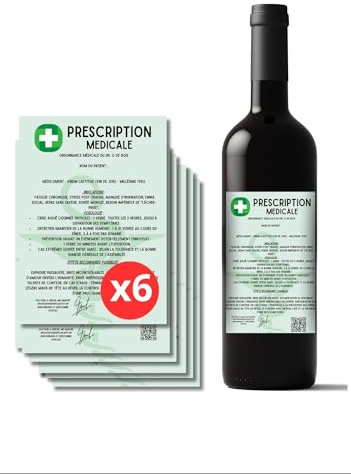 Pack de 6 Étiquettes de Vin autocollantes Humoristiques, Ordonnance, Evg, Etudiant en medecine, Anniversaire, humour décallé, Cadeau Original pour Cave à Vin, Mariage,Cadeau Départ en retraite