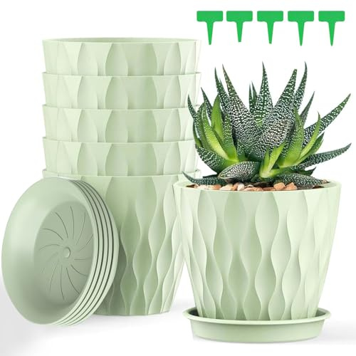 5 Pack Plastic Plant Pots, Flower Pots with Drainage Holes and Tray