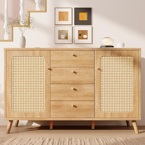 BTM Sideboard Kommode 4 Schubladen 2 Türen Stauraumschrank, Rattan Optik verstellbaren Einlegeböden, Wohnzimmer Esszimmer Flur helle Eiche, B140/T40/H86 cm