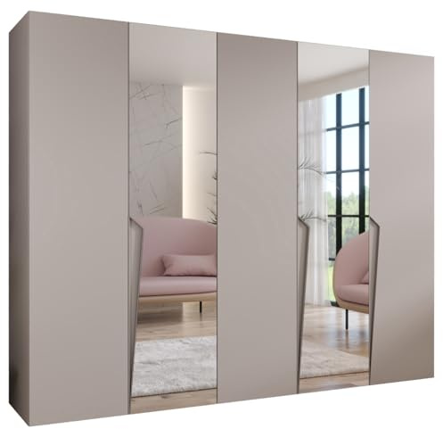 MEBLE KRYSPOL - Kleiderschrank - Garderobenschrank - 250 cm x 202 x 52 cm - Schrank mit Kleiderstange und Spiegel, 5 Türen - für Schlafzimmer, Flur - Piano, Kaschmir, Griff Kaschmir
