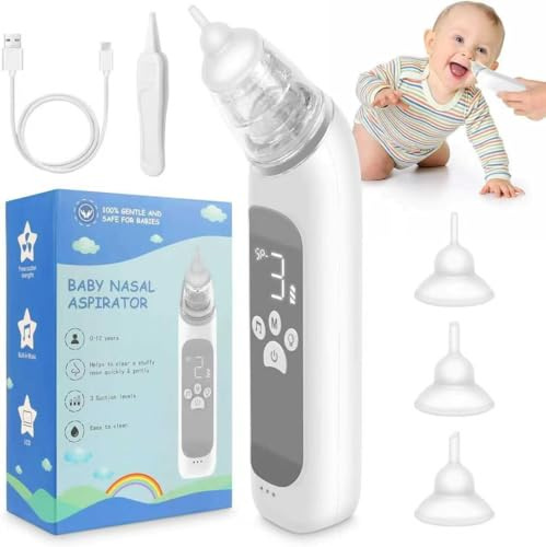 Elektrischer Nasensauger für Kinder, Nasensauger mit einstellbarer Saugstufe, musikalische und beruhigende Funktion (Weiß und Grau, M1)
