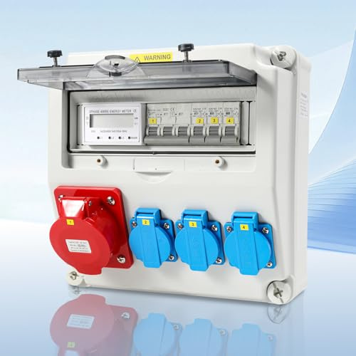 Peviasot Stromverteiler Wandverteiler mit Stromzähler, 3-Phasen Baustromverteiler 5-polig mit MCB, 3x Schuko-Steckdose 230V und CEE 32A Steckdose, für Baustelle, Industrie, Innen & Außen