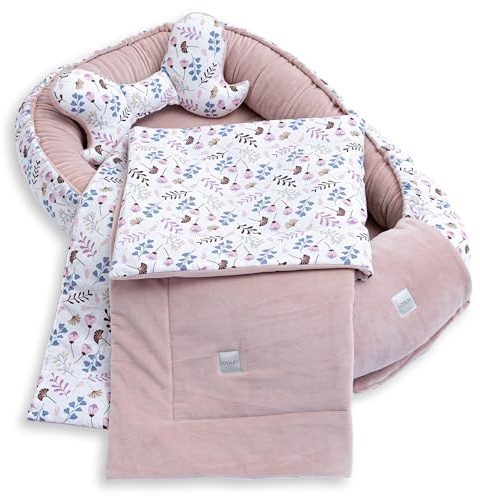 LOOLAY Babynest, Nestchen für Neugeborene – Baby Nestchen 91 × 63 cm mit Decke, Tragbares Nest aus Samtvelours & Baumwolle (ROSA Velour/Blumen ROSA)