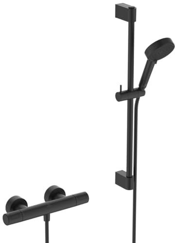 Ideal Standard Ceratherm T25 N Duscharmatur Paket, Wassersparende Eco Brause mit variablen Strahlarten, inklusive Brausethermostat mit Verbrühschutz und Duschstange (600 mm) – Schwarz Matt
