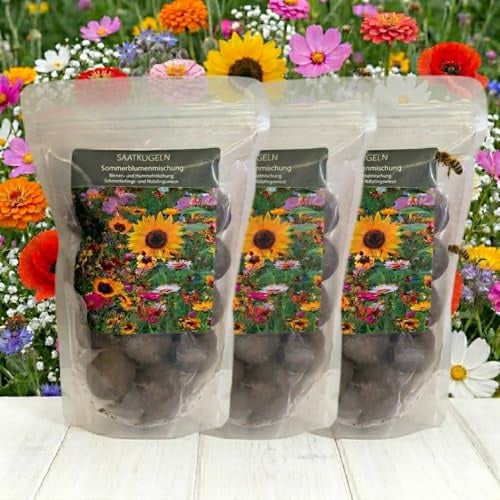 Saatkugeln Sommerblumen 60 Stück | Blumensamen Mischung für Bienen & Schmetterlinge | Bienenfreundliche Blumensamen für Garten & Balkon | Blumenmurmeln Saatbomben | Samenbomben | Seedbombs | Seedballs