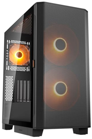 COUGAR AIRFACE Flow, Mid-Tower-Gehäuse, bis zu 10 Lüfter unterstützbar, 2 x 180-mm-ARGB-PWM-Lüfter an der Front, kompatibel mit bis zu 360-mm-AIO-Kühlung, 190-mm-Aircooler (Schwarz)