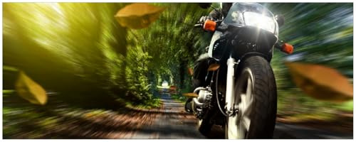 Wallario Memoboard aus Glas mit Motiv, Magnet-Tafel in 32 x 80 cm in Premium Qualität Fahrendes Motorrad im Wald mit Herbstlaub