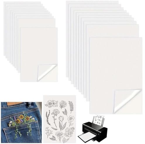 20 Stück Stickvlies Wasserlöslich Selbstklebend Zwei Größen Wasserlösliches Stickvlies, Stickvorlagen, Bedruckbares Stickpapier mit 1 Bedienungsanleitung, für Textilien Druck Stickerei und Handmalerei