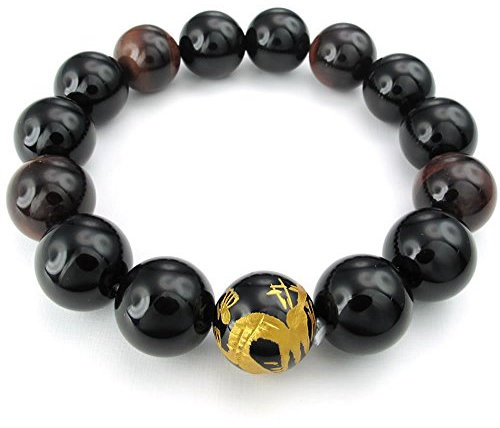 KONOV Schmuck Herren Armband, König Drachen Kugel, 14 mm Tiger-Auge Achat Onyx, rot gold schwarz (mit Geschenktasche)
