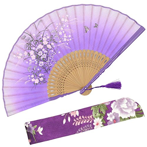 OMyTea Grassflower Folding Hand Held Fan for Women - Chinese/Japanese Vintage Retro Style - With a Fabric Sleeve for Protection (Purple)