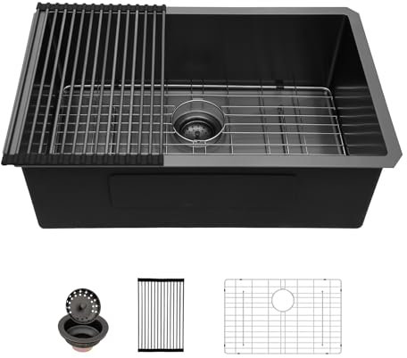 Sarlai 28 schwarze Küchenspüle Unterbau – 71,1 x 45,7 cm Küchenspüle Gunmetal Black 16 Gauge Edelstahl Einzelbecken Unterbau Küchenspüle Waschbecken